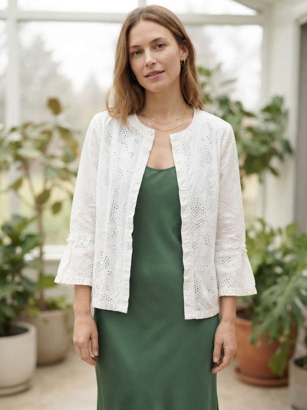 True & Tullie White Eyelet Open Front Jacket Size M